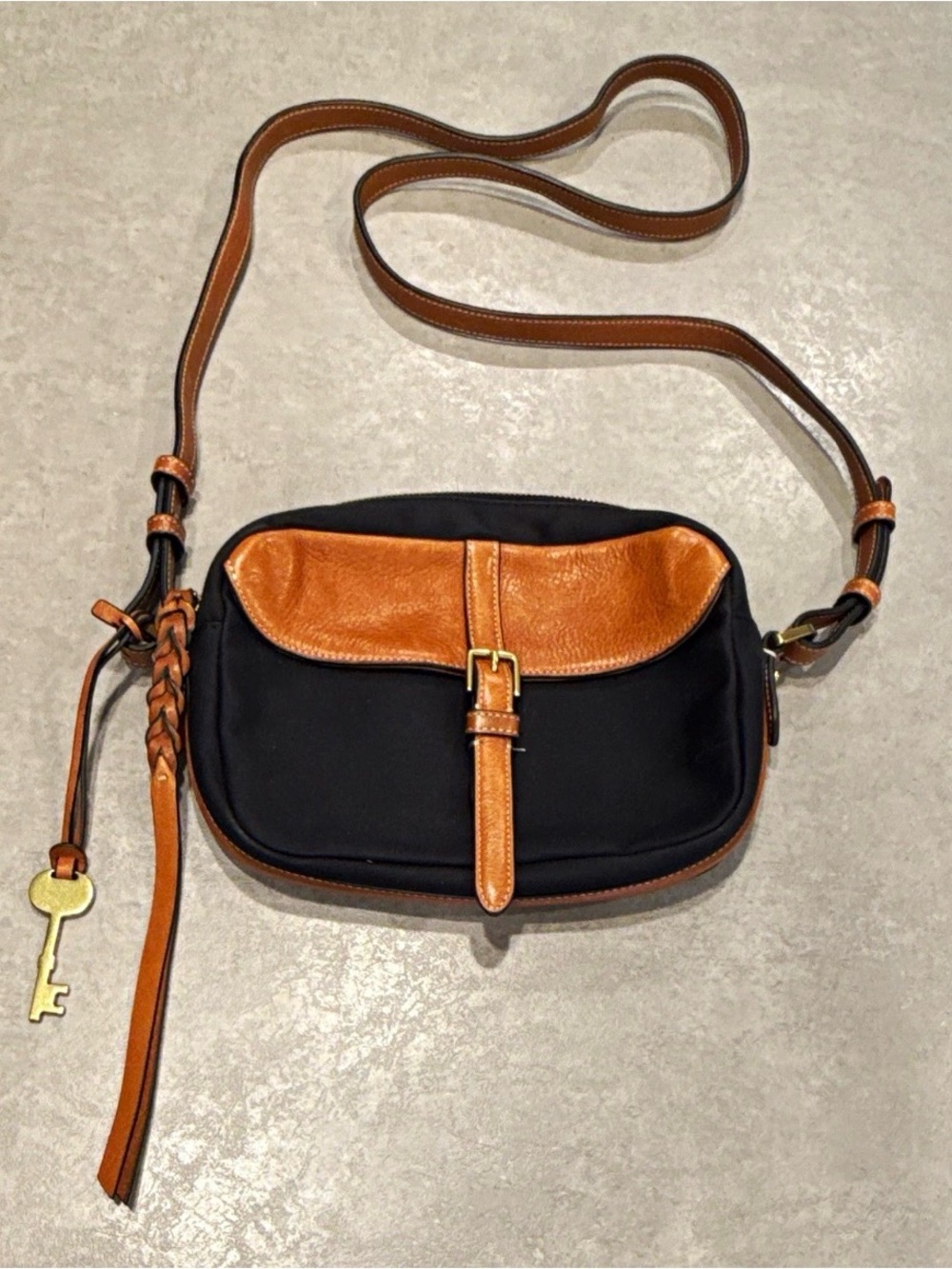 Fossil Kendall Crossbody Bag Black Canvas Brown Leather Key Charm Y2K Purse
